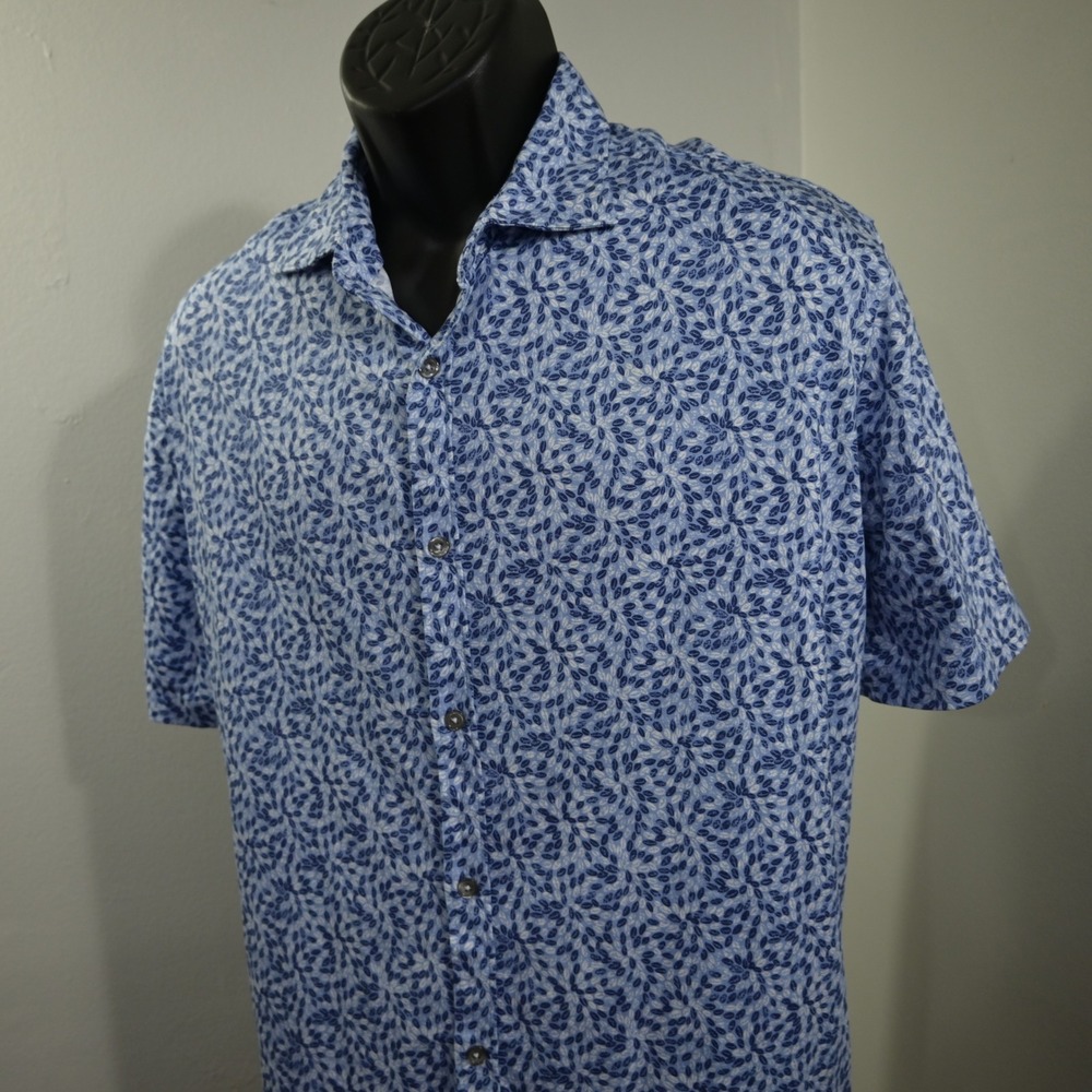 Johnnie-O Button Up Shirt Mens XXL Blue Floral Print Short Sleeve Featherweight